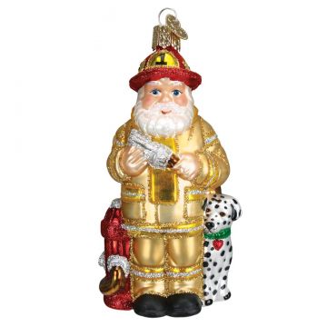 Old World Christmas Fireman Santa Glass Ornament Yellow Jacket