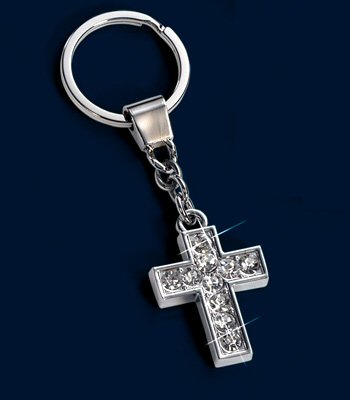 Russ Berrie Silver and Crystal Cross Key Ring