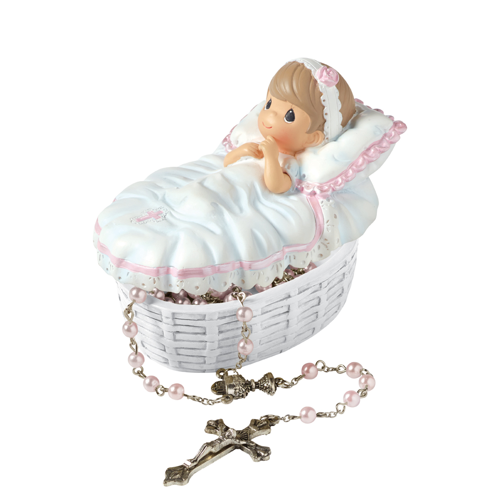 Precious Moments Baptized In His Name - Baby Girl Box with Pink Rosary