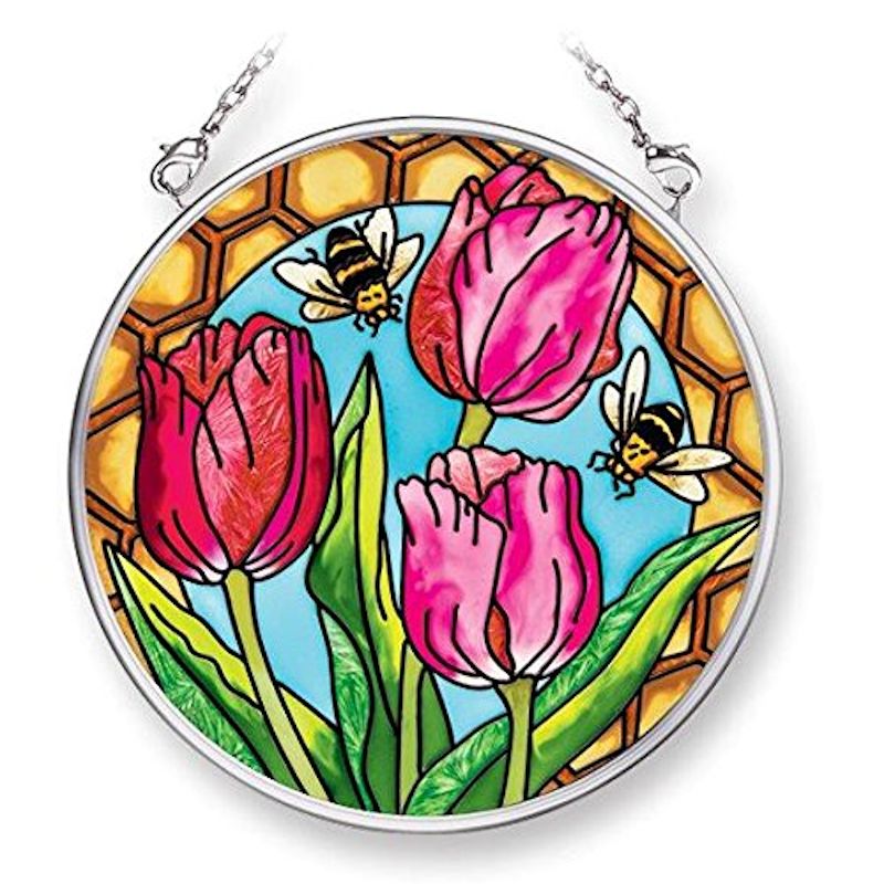 Amia Tulips and Bees Small Circle Suncatcher