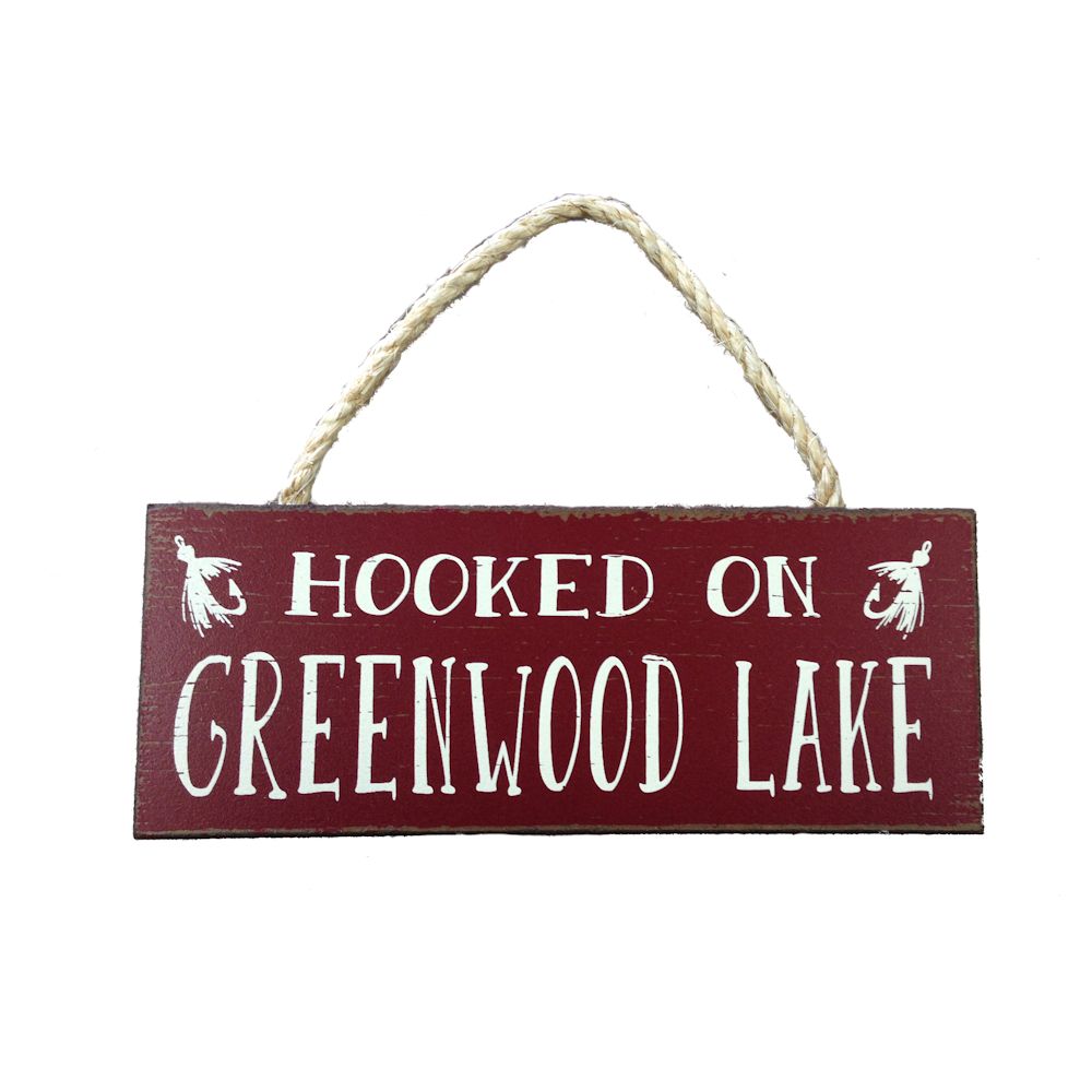 Fitzulas Hooked on Greendwood Lake 4x10 Rope Hanging Burgundy Sign