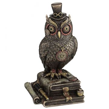 Veronese Design Bronze Steampunk Owl with Top Hat Standing on Books