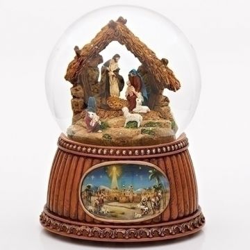 Roman Musical Nativity Waterglobe with Wood Look Base