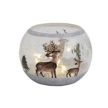 Transpac Round Crackle Glass Light Up Deer Hurricane