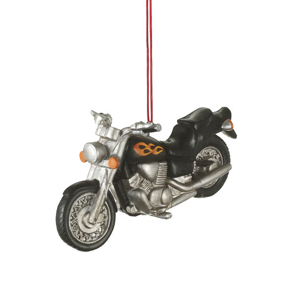 Ganz Black Motorcycle with Flames Hanging Christmas Ornament