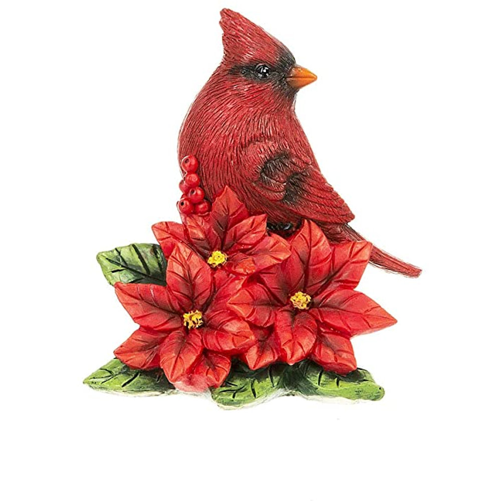 Ganz Christmas Cardinal Sitting on Red Poinsettia Flowers