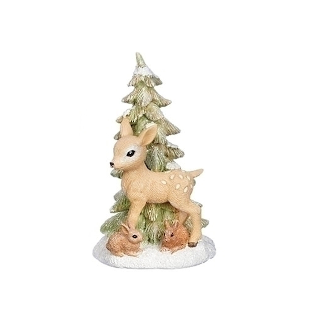 Roman Baby Deer and Bunnies with Evergreen Tree Christmas Figurine