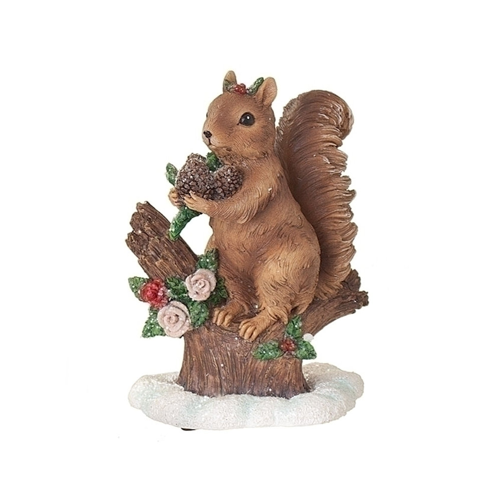 Roman Squirrel Gathering Nuts on Stump with Florals Christmas Figurine