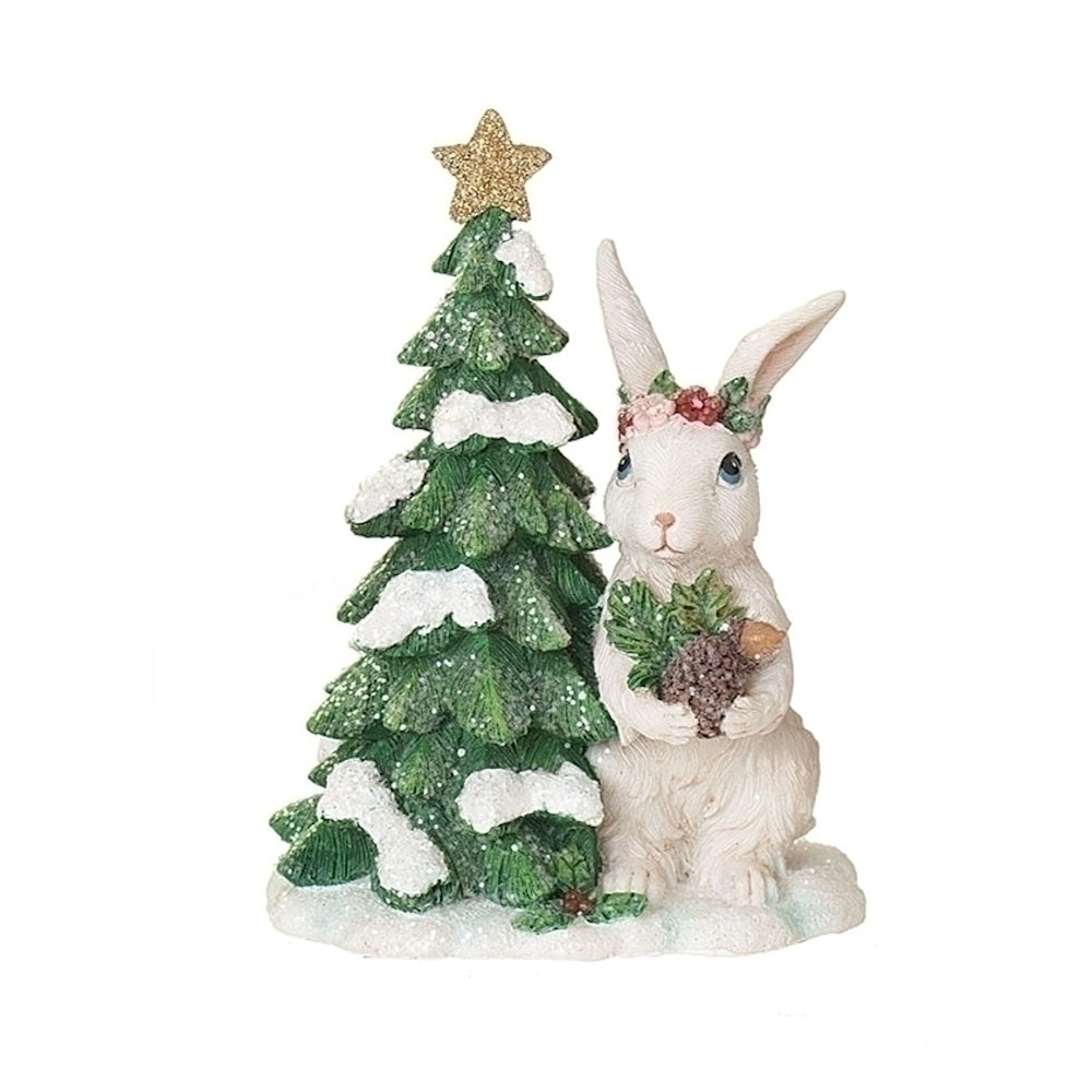 Roman Rabbit with Florals Next to Evergreen Tree Christmas Figurine
