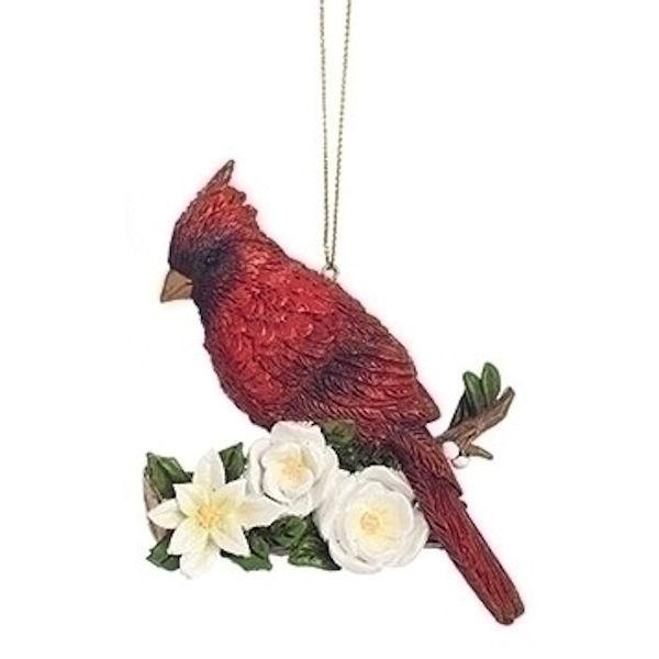 Roman Cardinal with Flowers Sitting on Branch Ornament