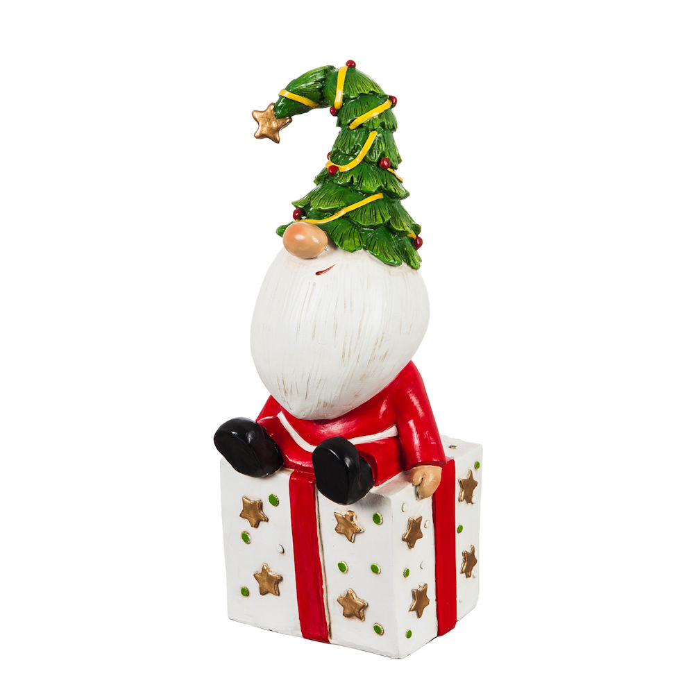 Evergreen Holiday Gnome Sitting On Present Garden Statue