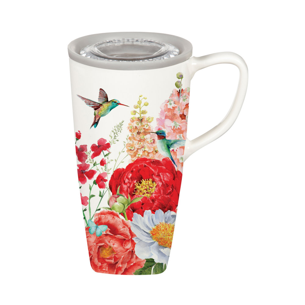 Evergreen Hummingbird and Peonies 17 oz Ceramic FLOMO 360 Travel Cup