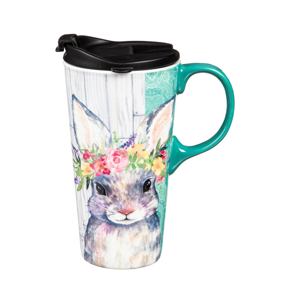 Evergreen Bunny with Flower Halo 17 oz Ceramic Travel Cup