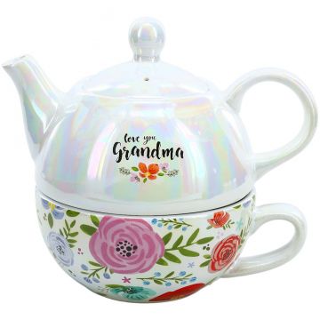 Pavilion Gift Love You Grandma Floral and Iridescent Tea For One Set