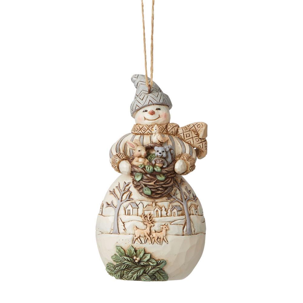 Heartwood Creek White Woodland Snowman with Basket Ornament