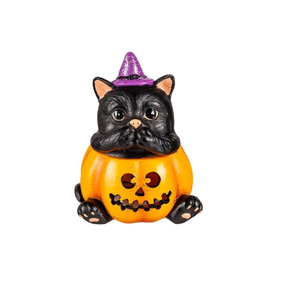 Evergreen Black Cat Speak No Evil LED Color Changing Cat in Pumpkin