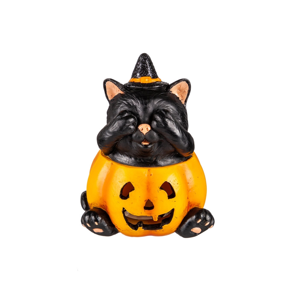 Evergreen Black Cat See No Evil LED Color Changing Cat in Pumpkin
