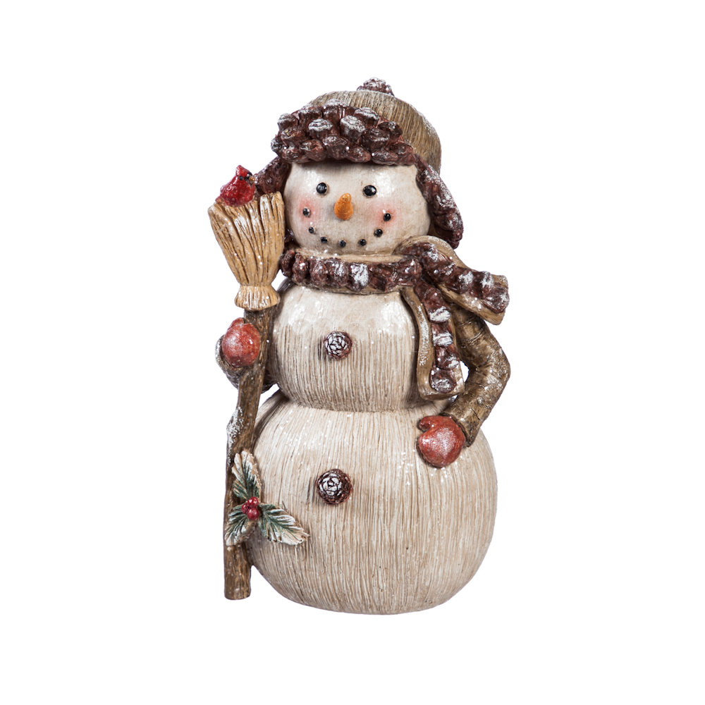 Evergreen Woodland Snowman with Cardinal Sitting on Broom