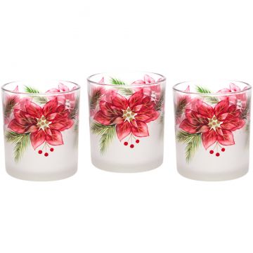 Pavilion Gift Holiday Winter Poinsettia Glass Tealight Candle Holders