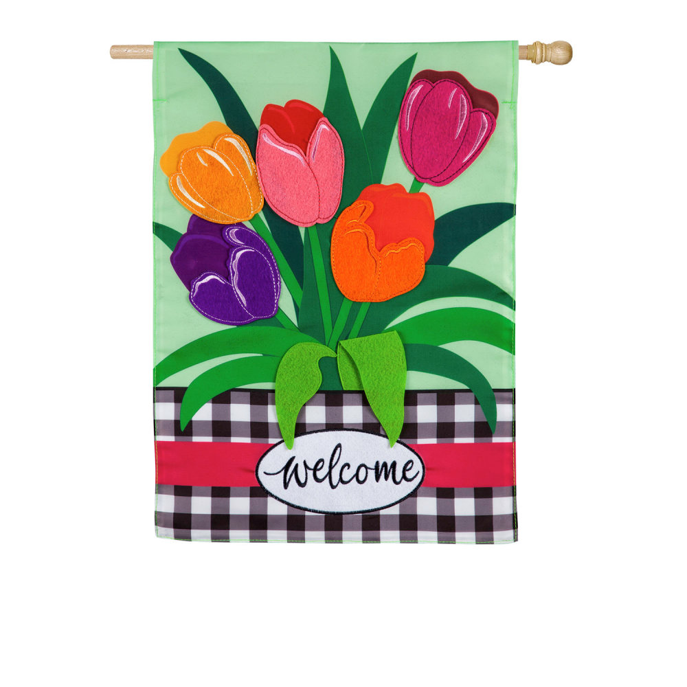 Evergreen Welcome Spring Tulips House Applique Flag