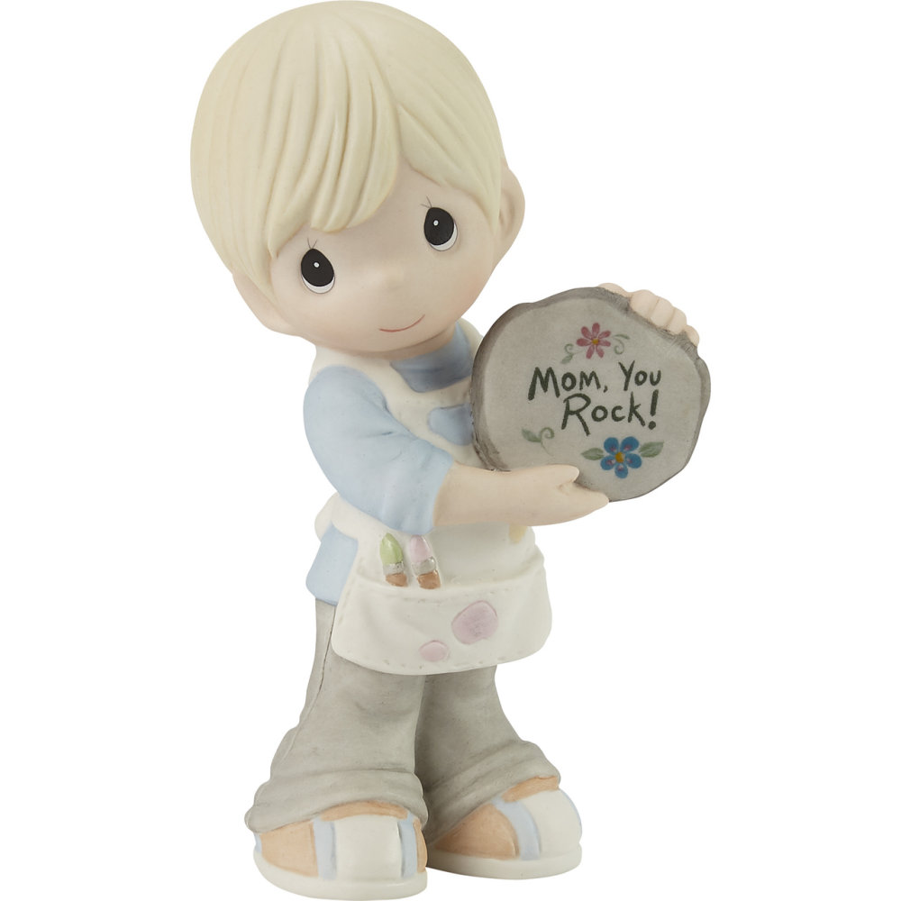 Precious Moments Mom You Rock! - Blonde Boy with Painted Rock Figurine