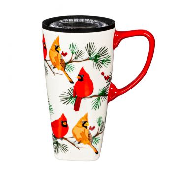 Evergreen Perching Cardinals Ceramic FLOMO 360 Travel Cup 17 oz