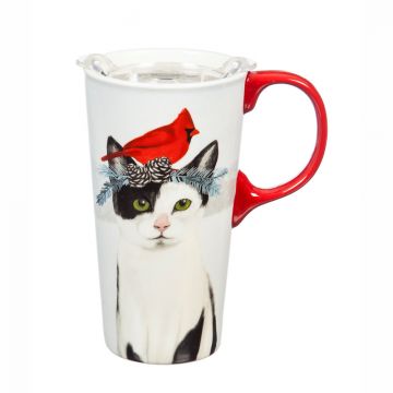 Evergreen Christmas Cat Ceramic Travel Cup 17 oz