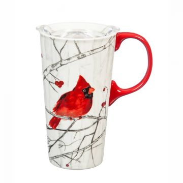 Evergreen Beautiful Perching Cardinal Ceramic Travel Cup 17 oz