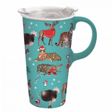 Evergreen Holiday Zoo Ceramic Travel Cup 17 oz