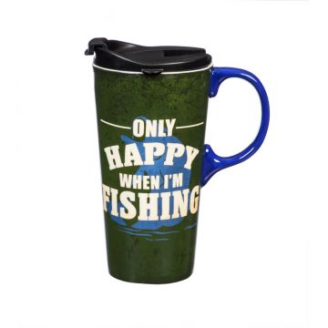 Evergreen Only Happy When I'm Fishing 17 oz Ceramic Travel Cup