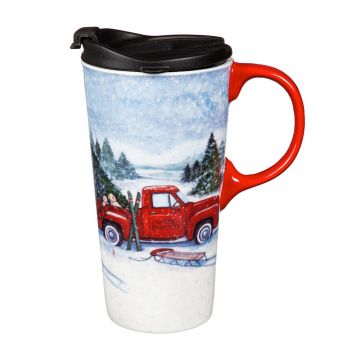 Evergreen Truck and Sled Ceramic Travel Cup 17 oz