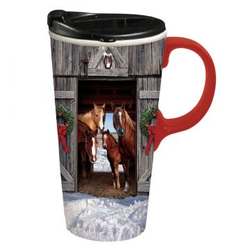 Evergreen Holiday Horses Ceramic Travel Cup 17 oz