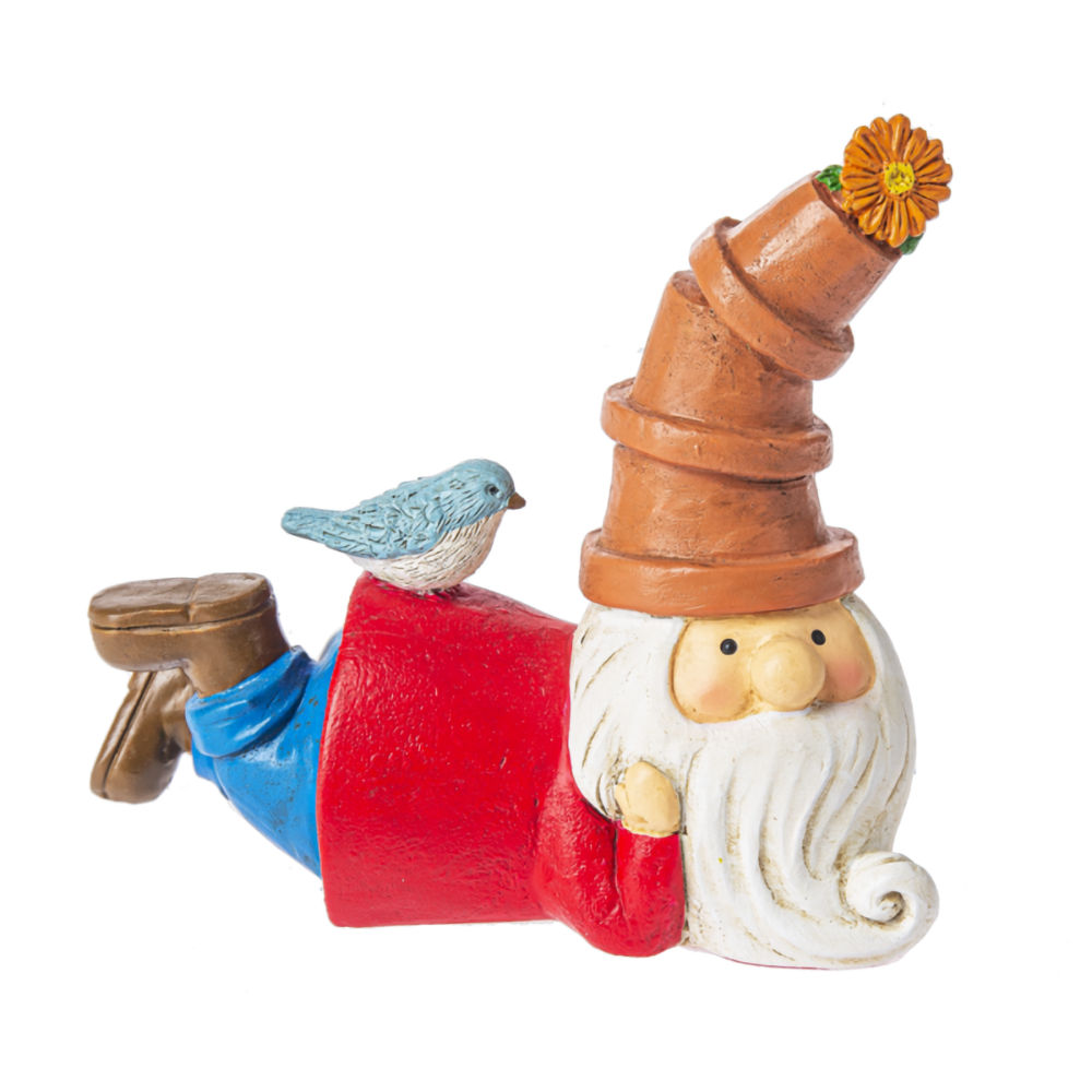 Ganz Midwest-CBK Gnome Potted Hat Figurine - With Blue Bird Laying