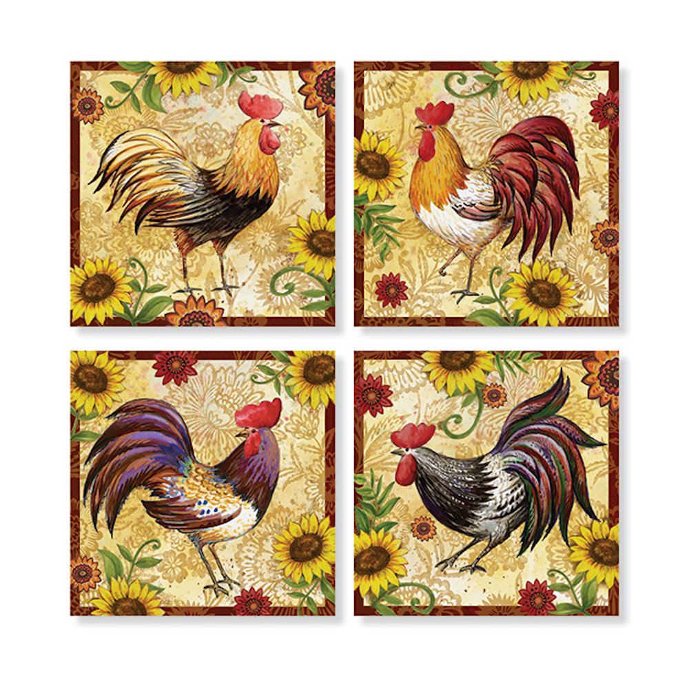 Carson Home Accents Rooster And Sunflower Square House Coaster Set