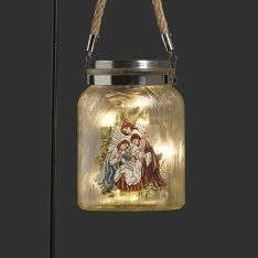 Roman 6.5" LED Holy Family With Angel Solar Glass Jar With 30" stake