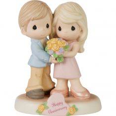 Precious Moments Couple Holding Floral Bouquet Anniversary Figurine