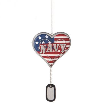 Ganz Military Service Heart with Dog Tag Dangle Ornament - Navy