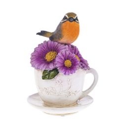 Ganz Birds and Blossoms - Bird and Purple Flower in Tea Cup and Saucer