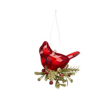 Ganz Teeny Cardinal Ornament Sitting on Sprig of Mistletoe