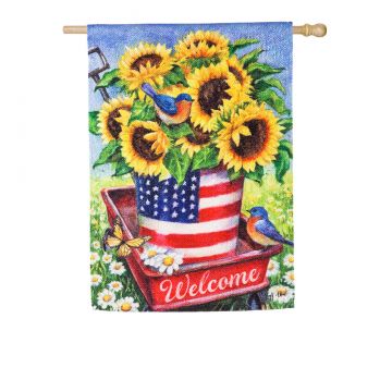 Evergreen Patriotic Sunflower Wagon House Textured Suede Flag