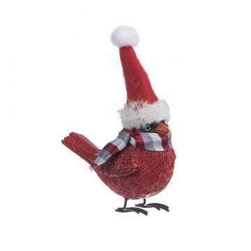 Ganz Merry Cardinal Figurine Wearing Red and Grey Striped Scarf