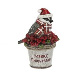 Ganz Christmas Bird In Bucket of Pointsettia Figurine