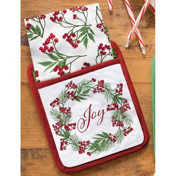 Evergreen Christmas Cadence Tea Towel and Pot Holder Gift Set - Joy
