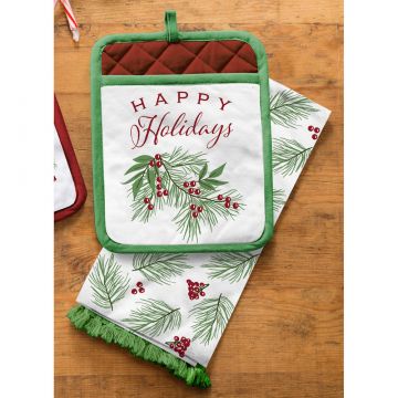 Evergreen Christmas Cadence Tea Towel and Pot Holder - Happy Holidays