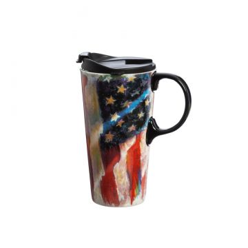Evergreen Cypress Home American Flag 17 oz Ceramic Travel Cup with Box