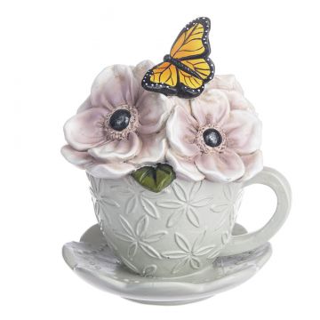 Ganz Flower Teacup Figurine - Orange Butterfly Light Pink Flower