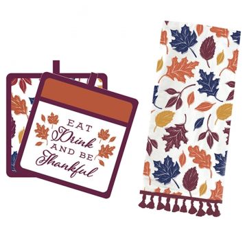 Evergreen Tea Towel and Pot Holder Set - Eat Drink and Be Thankful