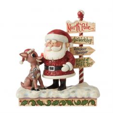 Jim Shore Heartwood Creek Rudolph and Santa Next to Sign Figurine